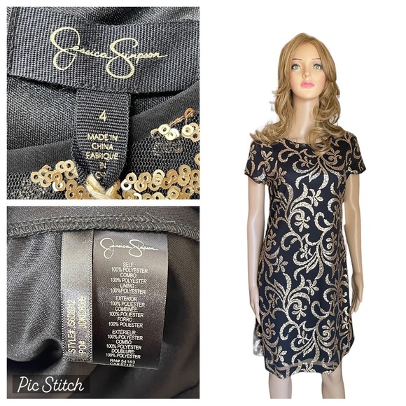 Jessica Simpson Dresses & Skirts - Jessica Simpson Black and Gold Sequin
Shift Dress size 4